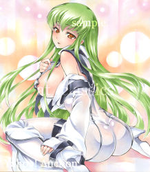 Rule 34 | 1girl, artist name, ass, at classics, breasts, brown eyes, c.c., code geass, female focus, from behind, green eyes, green hair, hand on own leg, large breasts, long hair, long sleeves, looking at viewer, looking back, parted lips, sample watermark, sideboob, sitting, solo, traditional media, wariza, watermark