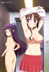 Rule 34 | 10s, 2girls, absurdres, armpits, arms behind back, arms up, ass, blue hair, blunt bangs, blush, body blush, breasts, brown eyes, brown hair, ceiling light, collarbone, cowboy shot, door, dressing room, hagino chiaki, hair bobbles, hair ornament, highres, hinako note, lifted by self, light frown, long hair, looking at breasts, looking at viewer, medium breasts, multicolored eyes, multiple girls, nakajima yua, navel, nipples, one side up, purple eyes, purple hair, shoulder blades, small breasts, sodeyama mami, standing, stomach, thighs, undressing, very long hair, yellow eyes