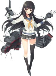 Rule 34 | 10s, 1girl, black hair, brown eyes, cannon, depth charge, gloves, isokaze (kancolle), kantai collection, long hair, looking at viewer, official art, parsley-f, red eyes, school uniform, simple background, skirt, smile, solo, thighhighs, weapon