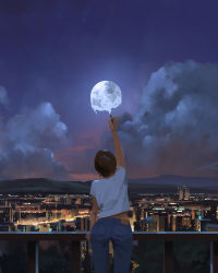 Rule 34 | 1girl, absurdres, arm support, arm up, bracelet, brown hair, cityscape, cloud, commentary, cowboy shot, denim, drawing, english commentary, from behind, full moon, hair bun, highres, holding, jeans, jewelry, leaning forward, midriff peek, moon, night, night sky, original, outdoors, painting (object), pants, railing, shirt, short sleeves, sin jonghun, single hair bun, sky, solo, surreal, white shirt