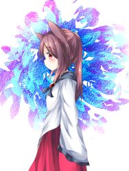 Rule 34 | 1girl, alternate hairstyle, animal ears, bad id, bad pixiv id, blush, brooch, brown hair, dress, highres, imaizumi kagerou, jewelry, long hair, long sleeves, looking at viewer, looking to the side, miki yanagi, ponytail, red eyes, solo, touhou, wide sleeves, wolf ears