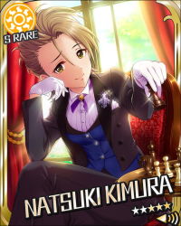 Rule 34 | 10s, 1girl, artist request, board game, bow, bowtie, brown hair, card (medium), character name, chess, formal, gloves, green eyes, idolmaster, idolmaster cinderella girls, jpeg artifacts, kimura natsuki, lapel pin, official art, reverse trap, short hair, sitting, smile, solo, sparkle, suit, sun symbol, tailcoat, tuxedo, waistcoat, white gloves
