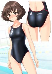 Rule 34 | 1girl, absurdres, akiyama yukari, alternate costume, arms at sides, asics, ass, black one-piece swimsuit, blurry, blush, breasts, brown eyes, brown hair, character name, clothes writing, commentary request, competition swimsuit, cowboy shot, depth of field, embarrassed, girls und panzer, highres, looking at viewer, multiple views, nose blush, one-piece swimsuit, pool, short hair, small breasts, standing, swept bangs, swimsuit, takafumi, thighs, wavy hair