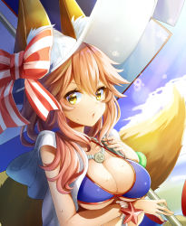 Rule 34 | 1girl, animal ear fluff, animal ears, bikini, bikini top only, blue bikini, blue sky, bow, breasts, cloud, commentary request, day, ears through headwear, fate/grand order, fate (series), fox ears, fox tail, hat, hat bow, highres, jewelry, kanna (chaos966), large breasts, long hair, looking at viewer, necklace, pink hair, sky, solo, striped, striped bow, swimsuit, tail, tamamo (fate), tamamo no mae (fate/extra), tamamo no mae (swimsuit lancer) (fate), tamamo no mae (swimsuit lancer) (third ascension) (fate), upper body, white hat, yellow eyes