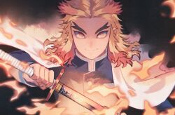 Rule 34 | 1boy, black shirt, blonde hair, closed mouth, collared shirt, demon slayer uniform, fire, forked eyebrows, haori, highres, holding, holding sword, holding weapon, jacket, japanese clothes, katana, kimetsu no yaiba, long hair, long sleeves, looking at viewer, male focus, multicolored hair, red hair, rengoku kyoujurou, shirt, shirukokko, smile, solo, streaked hair, sword, thick eyebrows, translation request, two-tone hair, weapon