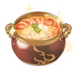 Rule 34 | artist request, commentary, english commentary, food, food focus, game cg, garnish, genshin impact, leaf, lowres, meat, mushroom, no humans, official art, pot, shrimp, simple background, soup, sparkle, still life, third-party source, transparent background