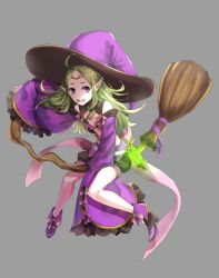 Rule 34 | 1girl, absurdres, ahoge, bow, broom, broom riding, circlet, crop top, danno gs, detached sleeves, fire emblem, fire emblem awakening, fire emblem heroes, full body, green hair, grey background, halloween costume, hat, heart, high heels, highres, long hair, long sleeves, nintendo, nowi (fire emblem), open mouth, pink bow, pointy ears, purple eyes, simple background, sleeves past fingers, sleeves past wrists, solo, witch hat