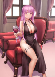 Rule 34 | 1girl, bare shoulders, black dress, blush, breasts, bridal garter, chair, cleavage, commission, curtains, dress, highres, indoors, large breasts, looking at viewer, marianne (unholy sanctuary), pink hair, rebutsu, sitting, skeb commission, smile, solo, thigh strap, unholy sanctuary, window