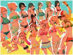 Rule 34 | 6+girls, abs, alternate costume, alternate hairstyle, animal crossing, animal ears, armpits, arms (game), arms at sides, arms up, artist name, bare shoulders, barefoot, baseball cap, bayonetta, bayonetta (series), bayonetta 2, bellhenge, belt, bikini, black hair, blonde hair, blue eyes, blue hair, blunt bangs, blush stickers, bracelet, breasts, brooch, brown hair, byleth (female) (fire emblem), byleth (fire emblem), choker, cleavage, cleavage cutout, clothing cutout, collarbone, contemporary, dog ears, dog girl, earrings, eyebrows visible through mask, female focus, finger to own chin, fire emblem, fire emblem: three houses, fire emblem awakening, glasses, green eyes, green hair, grey eyes, grey hair, hair over one eye, hair tie, hands on own hips, hat, inkling, inkling girl, inkling player character, isabelle (animal crossing), jewelry, kid icarus, large breasts, leaf print, long hair, lucina (fire emblem), mario (series), mask, medium breasts, metroid, min min (arms), miniskirt, mole, mole under mouth, moon print, multiple girls, navel, navel cutout, nintendo, o-ring, o-ring swimsuit, one-piece swimsuit, open mouth, orange eyes, palutena, pink hair, pointy ears, ponytail, princess daisy, princess peach, princess zelda, ribs, rosalina, samus aran, sarong, short hair, short shorts, short twintails, shorts, sidelocks, skirt, small breasts, smile, star (symbol), star print, sun print, super smash bros., swimsuit, tentacle hair, the legend of zelda, thighs, thumbs up, toned, topknot, towel, twintails, villager (animal crossing), wand, wii fit, wii fit trainer, wii fit trainer (female)
