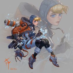 Rule 34 | 1girl, apex legends, backpack, bag, blonde hair, blue bodysuit, blue eyes, blue headwear, bodysuit, cable, chinese commentary, dated, electricity, gloves, grey background, grey footwear, grey gloves, highres, hood, hood down, hooded bodysuit, hooded jacket, invisible chair, jacket, lightning bolt symbol, looking at viewer, rangoz, ribbed bodysuit, shoes, sitting, sneakers, solo, wattson (apex legends), zoom layer