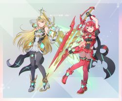 Rule 34 | 2girls, aegis sword (xenoblade), bare shoulders, black gloves, blonde hair, breasts, chest jewel, chomo (engawaparty), dress, earrings, elbow gloves, fingerless gloves, gloves, highres, jewelry, large breasts, long hair, multiple girls, mythra (massive melee) (xenoblade), mythra (xenoblade), pantyhose, pantyhose under shorts, pyra (xenoblade), red eyes, red hair, red legwear, red shorts, short dress, short hair, short shorts, shorts, swept bangs, sword, thigh strap, thighhighs, tiara, very long hair, weapon, white dress, white footwear, white gloves, xenoblade chronicles (series), xenoblade chronicles 2, yellow eyes