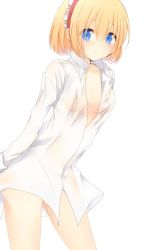 Rule 34 | 1girl, alice margatroid, aoi (annbi), blonde hair, blue eyes, blush, bottomless, breasts, dress shirt, hairband, highres, long sleeves, looking at viewer, naked shirt, no bra, open clothes, open shirt, see-through, shirt, short hair, simple background, solo, sweat, touhou, white background
