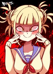 Rule 34 | 10s, 1girl, animated, animated gif, artist name, black bra, blonde hair, blue sailor collar, blunt bangs, blush, boku no hero academia, bra, breasts, closed mouth, collarbone, diives, double bun, english text, fangs, female focus, flashing, hair bun, half-closed eyes, hands on own face, hands up, happy, highres, jacket, long sleeves, looking at viewer, medium breasts, messy hair, neckerchief, nose blush, off shoulder, open clothes, open mouth, open shirt, red background, red neckerchief, sailor collar, school uniform, serafuku, sharp teeth, shirt, short hair, smile, solo, strap slip, talking, teeth, text focus, toga himiko, torn bra, torn clothes, underwear, upper body, white shirt, yellow eyes, yellow jacket