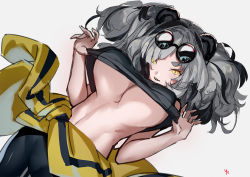 Rule 34 | 1girl, animal ears, arknights, breasts, clothes lift, crop top, feater (arknights), glasses, highres, large breasts, no bra, razu (rus), shirt lift, silver hair, simple background, sports bra, sports bra lift, sunglasses, underboob, white background, yellow eyes