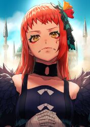Rule 34 | 1girl, absurdres, aduti momoyama, aqua eyeshadow, asymmetrical hair, bandaged hand, bandages, black choker, blue sky, breasts, building, choker, closed mouth, cloud, collarbone, crossed bangs, day, eyelashes, eyeliner, eyeshadow, facial mark, feathers, fire emblem, fire emblem engage, flower, frown, hair flower, hair ornament, highres, interlocked fingers, lips, long hair, looking at viewer, makeup, medium breasts, nintendo, orange hair, outdoors, own hands together, panette (fire emblem), pink lips, purple feathers, red eyeliner, red flower, revision, ribbon, short bangs, sky, solo, stitched mouth, stitches, straight hair, upper body, white ribbon, yellow eyes, yellow flower