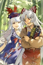 Rule 34 | 2girls, :d, bamboo, bamboo forest, blue dress, blue hair, blue headwear, blunt bangs, book, bow, chinese commentary, commentary request, cowboy shot, dress, forest, fujiwara no mokou, grey shirt, hair bow, hat, highres, hime cut, holding, holding book, holding scroll, kamishirasawa keine, long hair, long sleeves, looking at another, looking back, multiple girls, nature, neckerchief, ofuda, ofuda on clothes, open mouth, pants, pinafore dress, puffy short sleeves, puffy sleeves, red bow, red eyes, red neckerchief, red pants, scroll, shirt, short sleeves, sidelocks, sleeveless dress, smile, suspenders, teeth, tokin hat, touhou, two-tone bow, upper teeth only, very long hair, white bow, white hair, xuegejiba