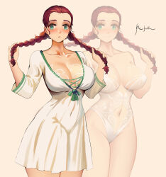 Rule 34 | 1girl, ai-assisted, bare shoulders, blush, braid, breasts, cleavage, collarbone, commentary, covered navel, dress, english commentary, forehead, green eyes, highres, holding, holding hair, inset, isher (liangzi tai hongcha), large breasts, liangzi tai hongcha, looking at viewer, mixed-language commentary, navel, original, parted lips, projected inset, red hair, simple background, slit pupils, smile, twin braids, white dress