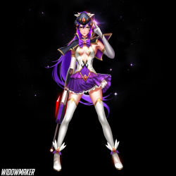 Rule 34 | 1girl, alternate costume, black neckwear, breasts, capelet, center opening, character name, choker, cleavage, elbow gloves, full body, gloves, gun, head-mounted display, high heels, highres, holding, holding gun, holding weapon, large breasts, league of legends, legs apart, liang xing, long hair, looking at viewer, magical girl, mahou shoujo madoka magica, mahou shoujo madoka magica (anime), overwatch, overwatch 1, patreon username, ponytail, purple hair, rifle, skirt, solo, standing, star (symbol), starry background, thighhighs, watermark, weapon, web address, white gloves, white thighhighs, widowmaker (overwatch), yellow eyes