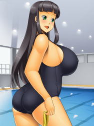 Rule 34 | 1girl, ass, black hair, breasts, kawanuma uotsuri, large breasts, long hair, pool, saionji natsu, solo, swimsuit