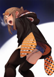 Rule 34 | 1girl, ass, between legs, black thighhighs, blush, breath, brown eyes, brown hair, commentary request, denim, denim skirt, from below, fu-ta, hair ornament, hairclip, hand between legs, hood, hood down, hoodie, long hair, long sleeves, open mouth, original, panties, pantyshot, ponytail, revision, simple background, skirt, solo, standing, sweater, thighhighs, underwear, upskirt, usami taiga, white panties, yellow eyes
