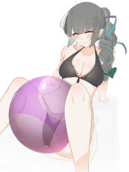 Rule 34 | 1girl, absurdres, at2., ball, bikini, black bikini, blush, bow, braid, breasts, character request, cleavage, closed mouth, copyright request, eyeshadow, green bow, grey hair, hair bow, highres, large breasts, lips, long hair, looking at viewer, makeup, purple eyeshadow, single braid, smile, solo, swimsuit, yellow eyes