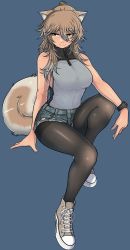 Rule 34 | 1girl, absurdres, animal ears, breasts, brown hair, cb (c-board), denim, denim shorts, highres, large breasts, long hair, original, pantyhose, ponytail, short shorts, shorts, simple background, sleeveless, smile, solo, tail, thighband pantyhose, watch, wristwatch, yellow eyes