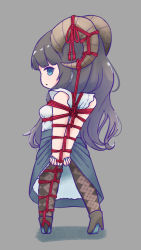 Rule 34 | 1girl, black hair, blue eyes, bound, bound arms, chibi, commentary request, full body, grey background, high heels, horns, long hair, looking at viewer, looking back, nail polish, original, oyakomastar, pantyhose, shibari, sleeveless, solo, tied up