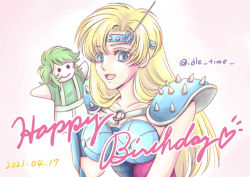 Rule 34 | 1girl, armlet, armor, blonde hair, blue eyes, chameleon june, character doll, collarbone, dated, gradient background, happy birthday, kurumada masami (style), long hair, looking at viewer, open mouth, saint seiya, shoulder armor, solo, sonosaki888, spiked armlet