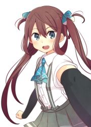 Rule 34 | 10s, 1girl, :d, arm warmers, asagumo (kancolle), ascot, bad id, bad pixiv id, blue eyes, brown hair, collared shirt, grey skirt, hair ribbon, highres, kantai collection, looking at viewer, open mouth, pleated skirt, reaching, reaching towards viewer, ribbon, school uniform, selfie, shirt, simple background, skirt, smile, solo, suspenders, twintails, white background, yukichi (eikichi)