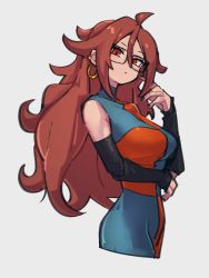 Rule 34 | 1girl, android 21, black sleeves, breasts, checkered clothes, checkered dress, detached sleeves, dragon ball, dragon ball fighterz, dress, earrings, glasses, grey background, hair between eyes, hoop earrings, jewelry, kemachiku, long hair, looking at viewer, medium breasts, red eyes, red hair, simple background, solo