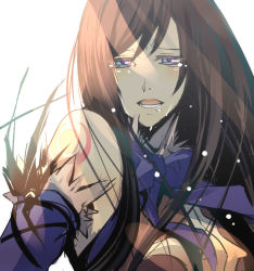 Rule 34 | 1girl, bare shoulders, blue eyes, bow, brown hair, castlevania (series), castlevania: order of ecclesia, kariya (mizore), looking at viewer, open mouth, sad, shanoa, solo, tattoo, tears