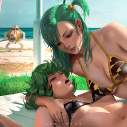 Rule 34 | 1boy, 2girls, animal print, artist name, asymmetrical docking, bald, bare shoulders, beach, beard, bikini, black bikini, blood, blouse, blue sky, blush, grabbing another&#039;s breast, breast press, breasts, bulma, cleavage, commentary, crossover, curly hair, day, dragon ball, dragon ball (classic), dragonball z, english commentary, facial hair, grabbing, grass, green eyes, green hair, hair bobbles, hair ornament, hand on another&#039;s chest, holding, holding staff, kame house, large breasts, lying, medium breasts, micro bikini, multiple girls, mustache, muten roushi, nosebleed, ocean, old, old man, on back, on floor, one-punch man, one side up, open mouth, out-of-frame censoring, outdoors, parted lips, photo background, pole, porch, realistic, sand, shirt, short hair, shorts, side ponytail, sideboob, sky, small breasts, staff, swimsuit, tatsumaki, tiger print, turtle shell, underboob, watching, water, white shirt, yellow shirt, yuri, zumi (zumidraws)
