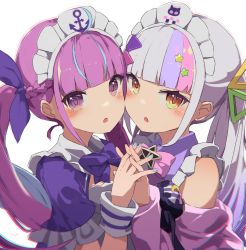 Rule 34 | 2girls, :o, ahoge, bare shoulders, blue hair, blue nails, blunt bangs, blush, bow, bowtie, braid, breasts, chromatic aberration, colored inner hair, commentary request, dress, hair ornament, hair ribbon, hat, heads together, highres, holding hands, hololive, interlocked fingers, long hair, long sleeves, looking at viewer, maid, maid headdress, minato aqua, minato aqua (1st costume), multicolored hair, multiple girls, murasaki shion, murasaki shion (magical girl maid), nail polish, open mouth, pink bow, pink bowtie, pink hair, purple bow, purple bowtie, purple eyes, purple hair, remini (scenceremini), revision, ribbon, silver hair, simple background, small breasts, streaked hair, twintails, two-tone hair, upper body, virtual youtuber, white background, wrist cuffs, yellow eyes