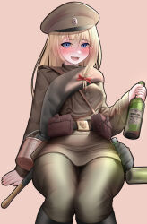 Rule 34 | 1girl, absurdres, ammunition pouch, baton (weapon), belt, blanket, blonde hair, blue hair, blush, boots, bottle, bow, brown shirt, canteen, drunk, girls&#039; frontline, glass bottle, hair bow, hand on chair, hat, highres, holding, holding bottle, looking at viewer, military hat, military uniform, mosin-nagant (girls&#039; frontline), neptune zx, pouch, red bow, russian clothes, shirt, sitting, solo, uniform, wariza, weapon