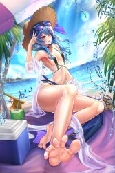 Rule 34 | 1girl, absurdres, barefoot, beach, bikini, blue eyes, blue hair, blush, cooler, feet, hat, highres, hololive, hoshimachi suisei, long hair, looking at viewer, open mouth, parasol, sandals, see-through, see-through shirt, shirt, soles, straw hat, sunglasses on head, swimsuit, toes, umbrella, unworn sandals, v, virtual youtuber, water