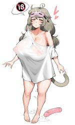 1girl ahegao ahoge bad_id bad_twitter_id barefoot blush breasts chestnut_mouth cleavage collarbone commentary content_rating covered_erect_nipples dildo english_commentary eye_mask feet full_body grey_hair grey_tail half-closed_eyes heart heart-shaped_pupils highres huge_breasts indie_virtual_youtuber long_hair low-tied_long_hair mask mask_on_head messy_hair monkey_tail object_behind_ear off_shoulder open_mouth original oversized_clothes oversized_shirt pen pussy_juice pussy_juice_puddle pussy_juice_trail red_eyes saru_(monkey_magic3) saruko_(vtuber) see-through see-through_shirt sex_toy shirt simple_background single_bare_shoulder single_inverted_nipple solo speech_bubble standing swirl symbol-shaped_pupils t-shirt tail thighs toes twintails virtual_youtuber white_background white_shirt