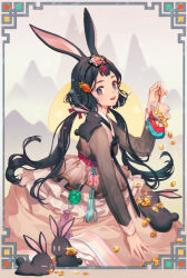 Rule 34 | 1girl, animal, animal ears, animal on shoulder, black hair, chinese zodiac, coin, dress, glint, hair ornament, holding, korean clothes, korean commentary, long hair, long sleeves, looking at viewer, multicolored eyes, open mouth, orange pupils, original, picking up, pouch, rabbit, rabbit ears, rabbit girl, saeldam, simple background, solo, teeth, twintails, upper teeth only, year of the rabbit