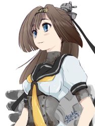 Rule 34 | 10s, 1girl, 2015, 4suke, akizuki (kancolle), artist name, blue eyes, brown hair, clothes writing, corset, dated, hair intakes, hair ornament, hairband, kantai collection, long hair, open mouth, puffy short sleeves, puffy sleeves, school uniform, serafuku, short sleeves, simple background, smile, solo, upper body, white background