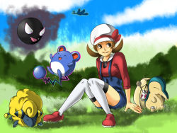 Rule 34 | 00s, 1girl, bad id, bad pixiv id, bag, bird, biyorihunter, bow, brown eyes, brown hair, cabbie hat, cellphone, creatures (company), cyndaquil, flying, game freak, gastly, gen 1 pokemon, gen 2 pokemon, handbag, hat, hat ribbon, ho-oh, legendary pokemon, loafers, lyra (pokemon), mareep, marill, nintendo, overalls, phone, pokemon, pokemon (creature), pokemon hgss, red ribbon, ribbon, sheep, shoes, short twintails, sitting, smile, tail, thighhighs, twintails, white thighhighs