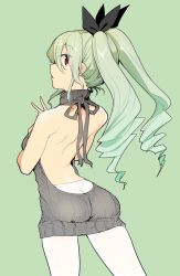 Rule 34 | 10s, 1girl, anchovy (girls und panzer), ass, backless dress, backless outfit, bad id, bad twitter id, bare back, butt crack, cowboy shot, dress, drill hair, from behind, girls und panzer, green hair, halterneck, leggings, looking at viewer, looking back, meme attire, nakasone haiji, pantyhose, red eyes, solo, sweater, sweater dress, twin drills, virgin killer sweater, white pantyhose