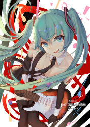 Rule 34 | 1girl, 2017, aqua eyes, aqua hair, bare shoulders, black gloves, black necktie, black thighhighs, breasts, character name, cleavage, collarbone, copyright name, dated, elbow gloves, gloves, hatsune miku, highres, instrument, instrument request, leaning forward, looking at viewer, medium breasts, musical note, necktie, ocarino, smile, solo, thighhighs, twintails, vocaloid, white background