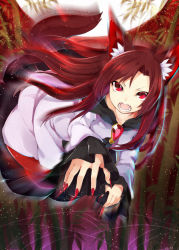 Rule 34 | 1girl, akagashi hagane, animal ear fluff, animal ears, bamboo, brooch, brown hair, fangs, fingernails, full moon, gem, imaizumi kagerou, jewelry, long fingernails, long hair, long nose, long sleeves, looking at viewer, moon, nail polish, open mouth, red eyes, red nails, shirt, skirt, sky, solo, star (sky), starry sky, tail, touhou, very long hair, wide sleeves, wolf ears, wolf tail