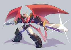 Rule 34 | absurdres, dual wielding, highres, holding, holding sword, holding weapon, jojo (qiu bowen), looking at viewer, mazinger (series), mazinkaiser, mazinkaiser (robot), mecha, mechanical wings, no humans, robot, science fiction, solo, super robot, super robot wars, sword, weapon, wings, yellow eyes
