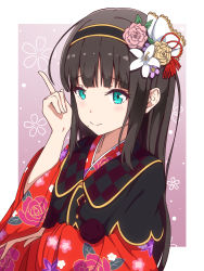 Rule 34 | 1girl, birthday, black hair, commentary, floral background, floral print, flower, green eyes, hair flower, hair ornament, hairband, happy new year, highres, hime cut, japanese clothes, kimono, kurosawa dia, long hair, looking at viewer, love live!, love live! sunshine!!, mole, mole under mouth, new year, senguyen1011, sidelocks, solo, unworn hairband