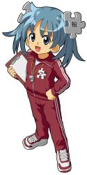 Rule 34 | 1girl, absurdres, blue eyes, blue hair, boots, commentary, english commentary, flat chest, full body, hand on own hip, highres, holding, jacket, jigsaw puzzle, kasuga (kasuga39), light blush, long sleeves, open mouth, pants, puzzle, red footwear, red jacket, red pants, shirt, shoes, simple background, solo, sportswear, standing, track jacket, track pants, transparent background, twintails, wikipe-tan, wikipedia, zipper