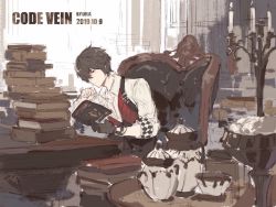 Rule 34 | 1boy, black gloves, black hair, book, book stack, bracelet, candelabra, candle, candlestand, chair, closed mouth, code vein, cup, dated, gloves, hair over one eye, holding, holding book, indoors, jewelry, loladestiny, male focus, necklace, open book, reading, red eyes, sitting, sketch, sleeves rolled up, solo, table