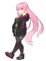 Rule 34 | 1girl, black footwear, black hoodie, black pants, black tank top, breasts, chain, chain necklace, death-sensei (mori calliope), hands in pockets, hololive, hololive english, hood, hoodie, jewelry, large breasts, long hair, looking at viewer, mori calliope, morningpanda, necklace, pants, pink hair, ponytail, red eyes, tank top, v-shaped eyebrows, very long hair, virtual youtuber