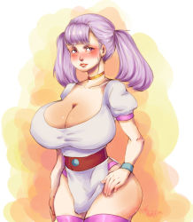 Rule 34 | 1girl, black clover, blush, breasts, curvy, embarrassed, huge breasts, large breasts, long hair, noelle silva, panties, pink thighhighs, pinkkoffin, purple eyes, silver hair, thick thighs, thighhighs, thighs, twintails, underwear, white background