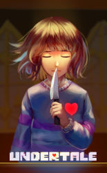 Rule 34 | absurdres, androgynous, brown hair, chromatic aberration, closed eyes, copyright name, expressionless, frisk (undertale), gender request, heart, heiyao, highres, knife, ruishitang, solo, spotlight, striped clothes, striped sweater, sweater, undertale, upper body, window