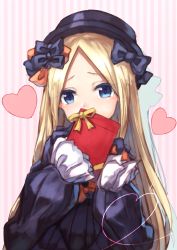 Rule 34 | 1girl, abigail williams (fate), absurdres, black bow, black dress, black hat, blonde hair, blue eyes, bow, commentary request, covered mouth, dress, fate/grand order, fate (series), gift, hair bow, hat, head tilt, heart, highres, holding, holding gift, long hair, long sleeves, looking at viewer, orange bow, parted bangs, sleeves past fingers, sleeves past wrists, solo, striped, striped background, valentine, vertical stripes, very long hair, yuuki nao (pixiv10696483)
